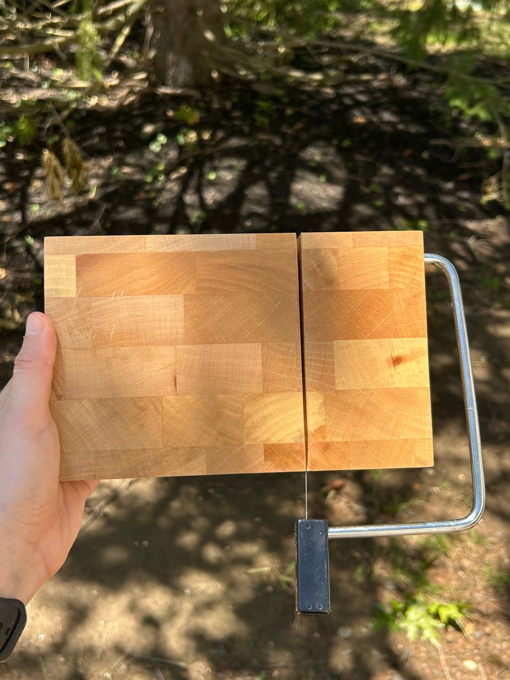 End-Grain Wood Cheese Board with Integrated Wire Cutter - Natural Wood